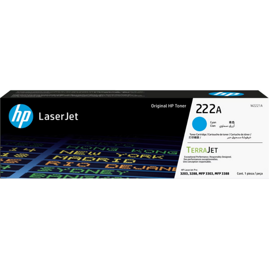 خرطوشة حبر HP 222A سيان أصلية – W2221A – تصل إلى 1200 صفحة | متوافقة مع HP LaserJet Pro 3203, 3288, MFP 3303, 3388حبر اتش بي ازرق اصلي  HP-W2221A- 222A